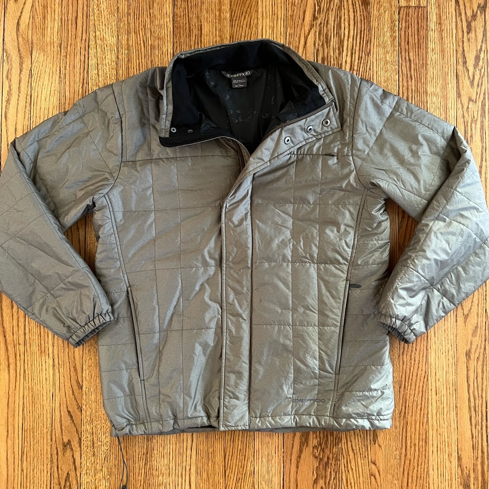 Exofficio men’s Gray quilted puffer outdoor travel jacket, size Large